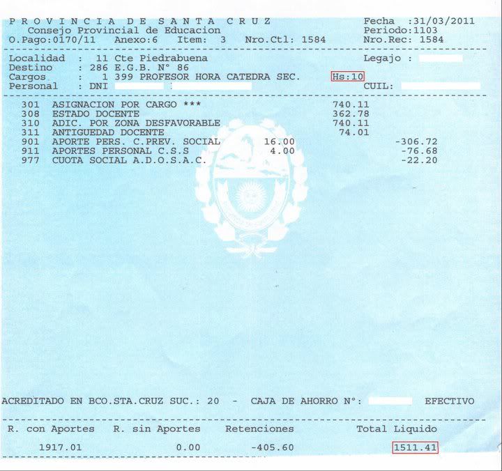 Recibos de sueldo de docentes santacruceños Recibos de sueldo de docentes santacruceños