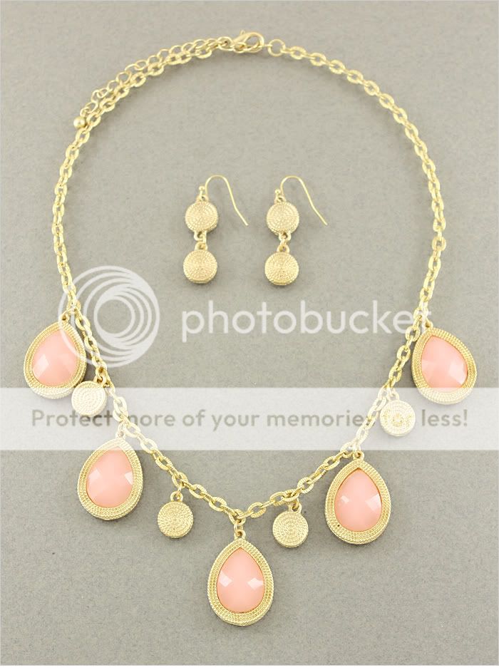 Chunky Spring Time Gold Tone Base Pink Accented Necklace & Earring Set 