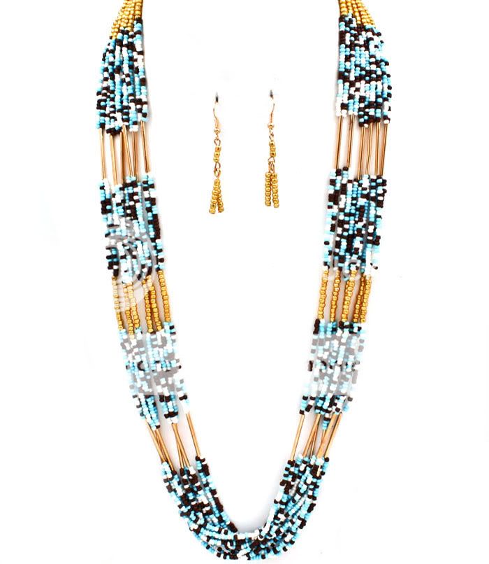 Chunky Boho Chic Multi Strand Gold & Blue Beaded Layered Necklace 