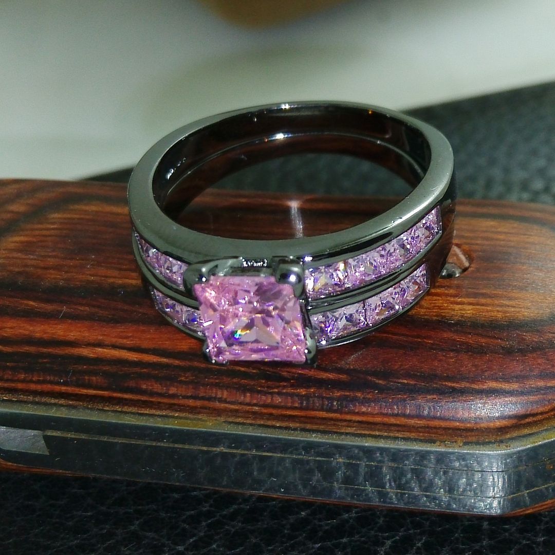 Noble Pricess Cut Pink Sapphire 10KT Black Gold Filled Wedding Ring Set ...